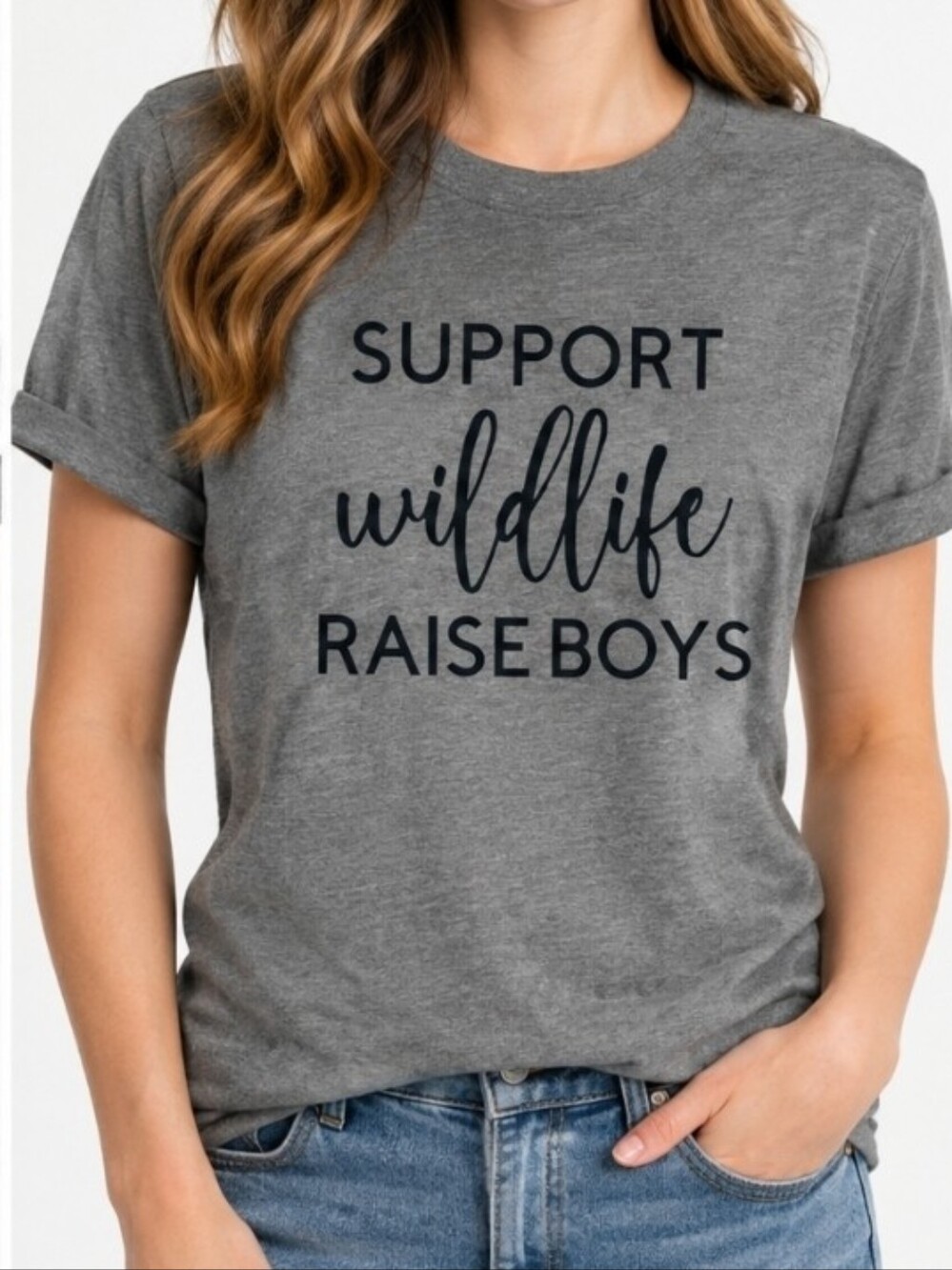 Belle Canvas Women's Green Support Wildlife Raise Boys Crewneck Short Sleeve Tee